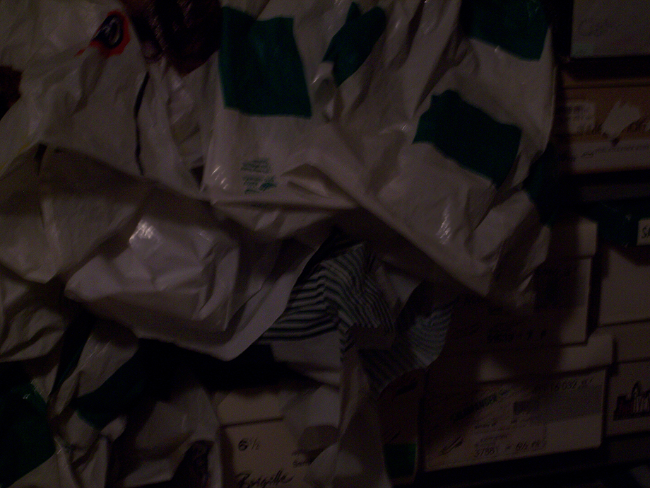 Plastic bags and shoeboxes stacked up on shelves; photo