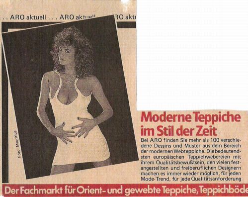 Zeitungsreklame der ARO Teppichhändler aus den 1980ern „Moderne Teppiche im Stil der Zeit“