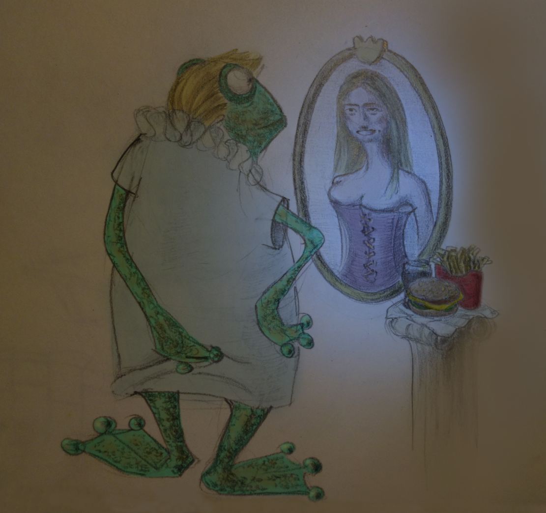 colourised pencil drawing of Trumpolino in front of the magic mirror