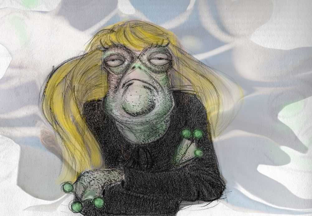 colourised drawing of First Lady Don Pepe, frog god on the side
